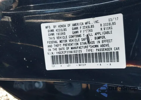 2017 Honda Accord Lx from USA, damaged, VIN 1HGCR2F31HA183125